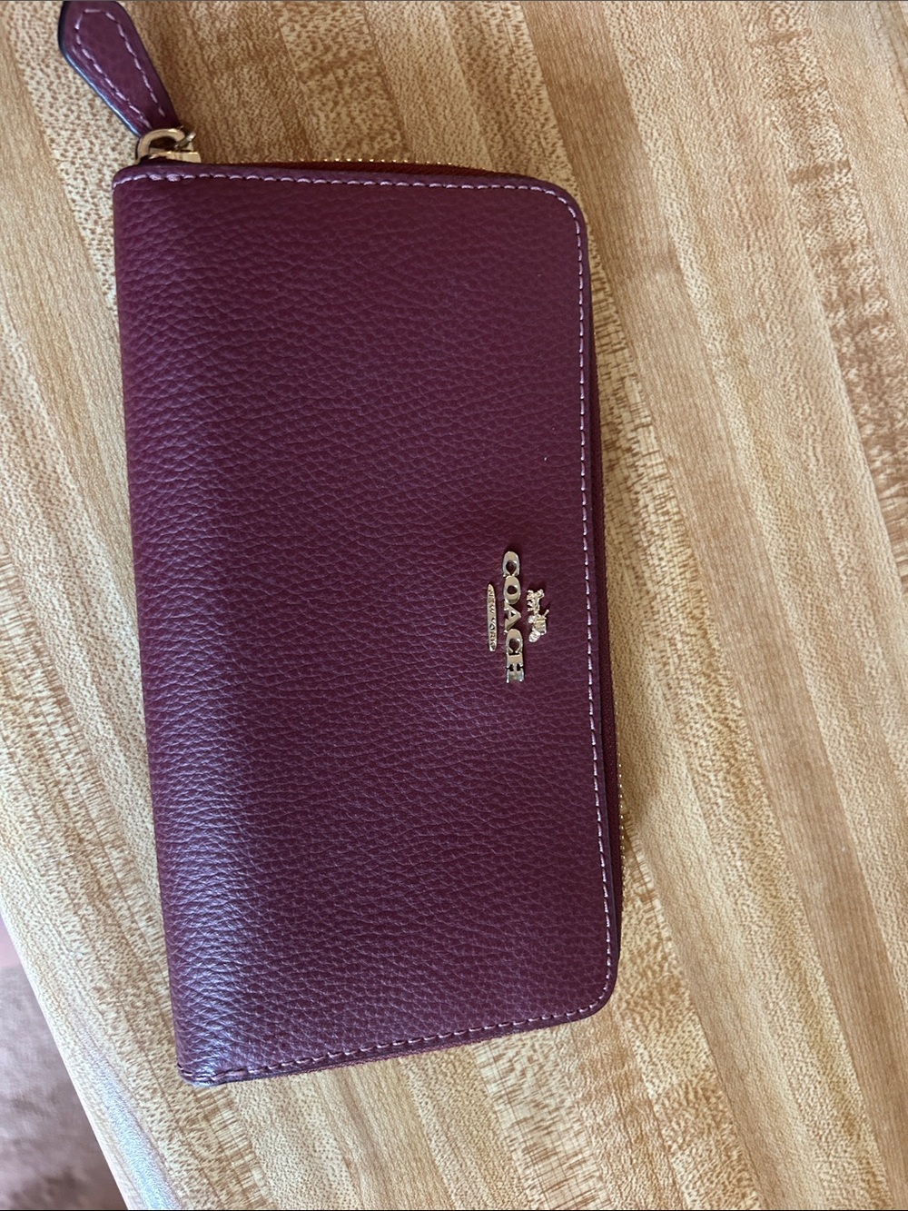 Coach Pebbled Leather Zip Wallet in Wine